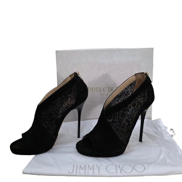 Jimmy Choo Shoes - Jimmy Choo Vivid Flocked Mesh Open Toe Suede Ankle Booties Heels Black 8.5